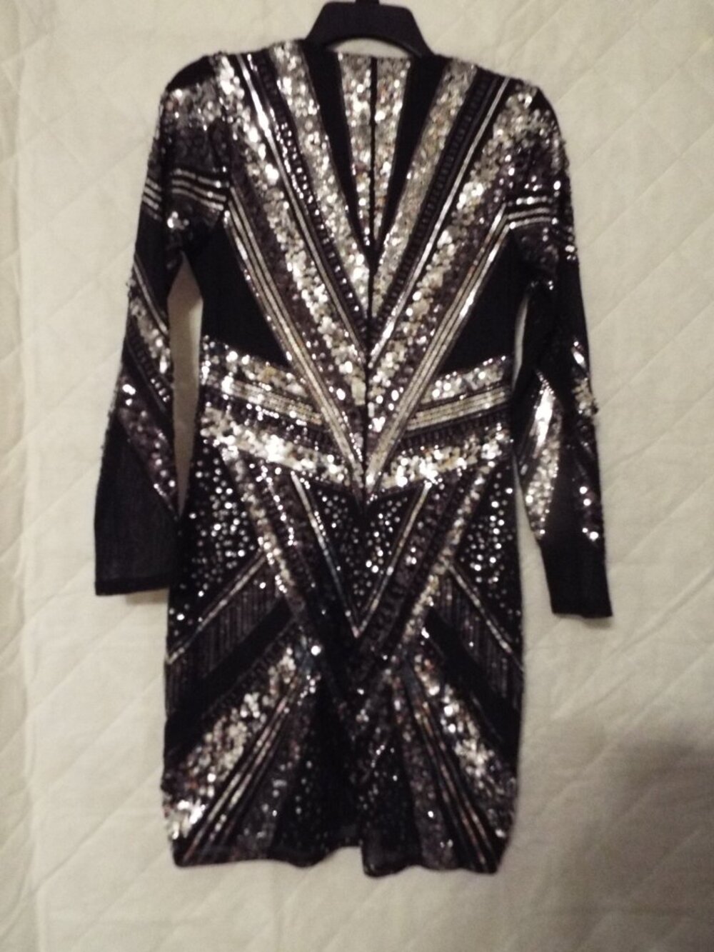 Express Black and Silver Sequin Dress with Mesh Sleeves Size Medium - Picture 5 of 7